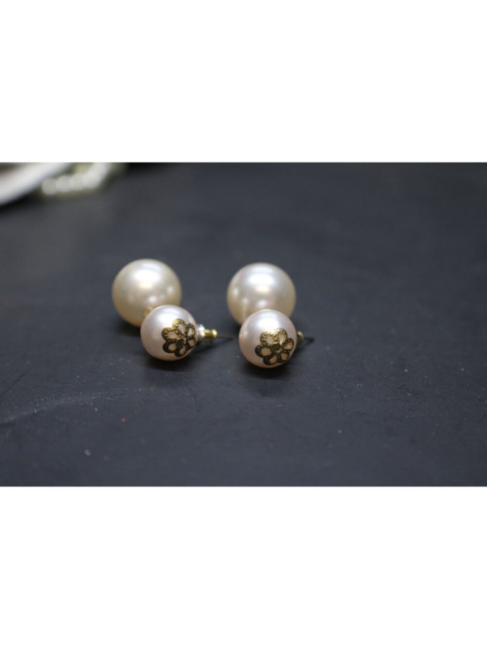 Double Faux Pearl Drop Earrings and Gold Floral Accents Pierce 2 Size Pearls Vtg - Picture 5 of 9